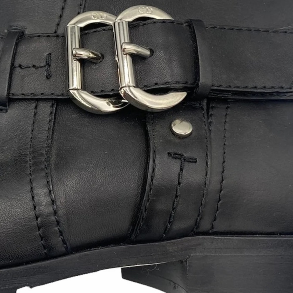 DIOR Black Leather Tall Moto Boots with Silver Designer Logo Buckles - Picture 7 of 10